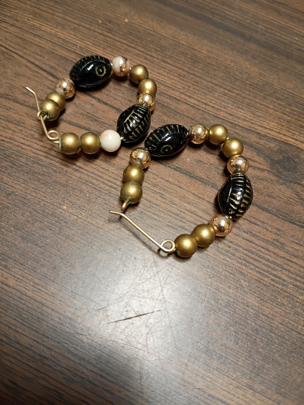 Gold and Black Beaded Hoop Earrings with White Accent - Women Jewelry